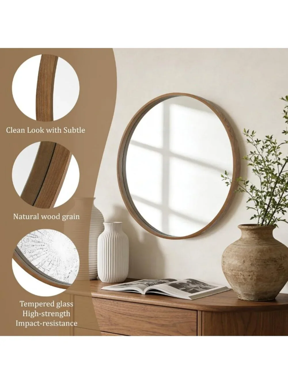 24-Inch Round Wood Frame Mirror for Bathroom, Vanity, Entryway & Living Room